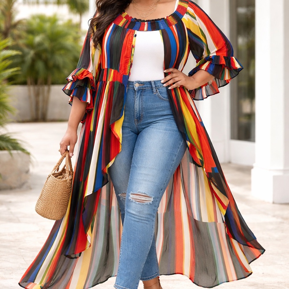 Live 4 Truth sheer‎ high-low rainbow stripes off the shoulder duster/kimono 3X